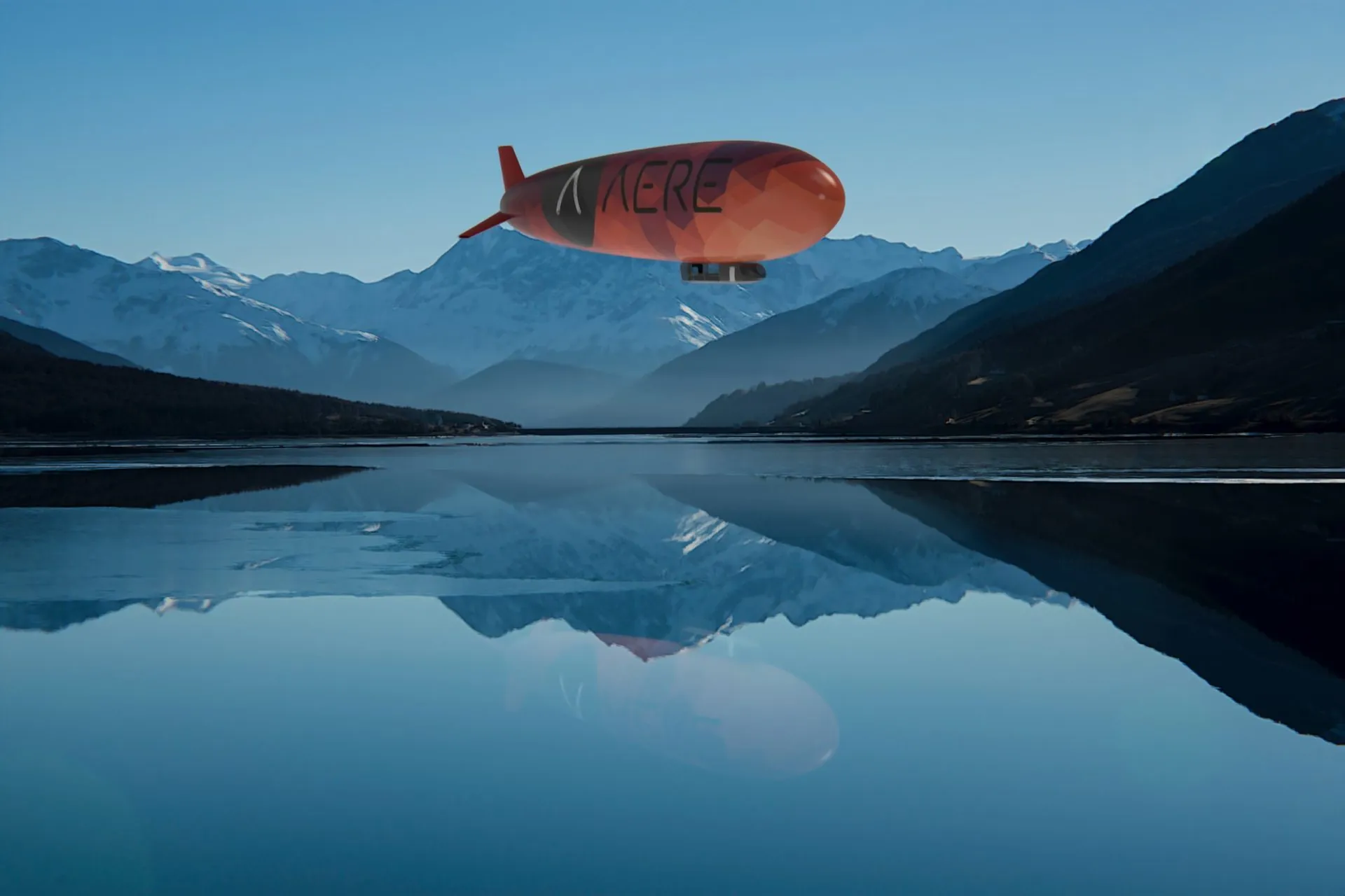 Wanderer airship render over a mountain lake